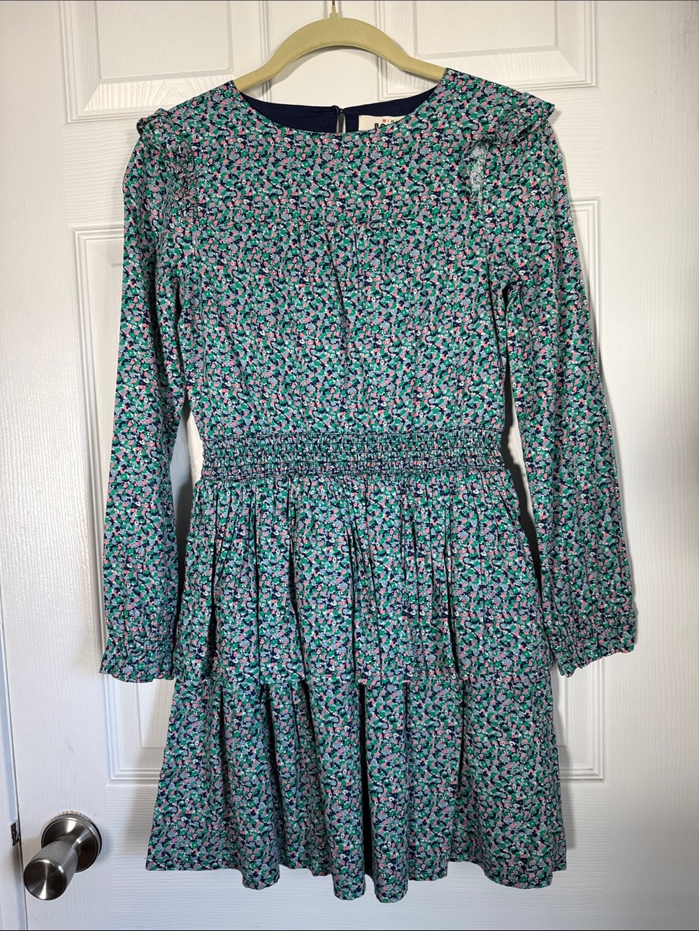 Mini Boden Teal and Pink Floral Smocked Waist Long-Sleeve Dress
